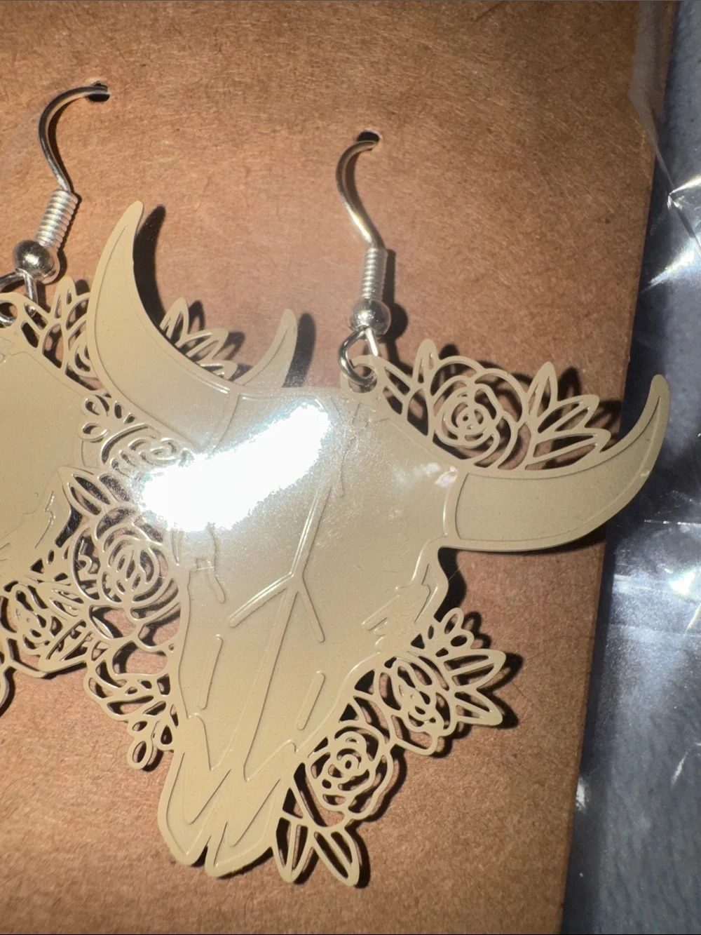 Beige Bull Skull Floral Dangle Earrings - Women Jewelry Earrings
